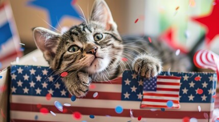 Wall Mural - A cat joyfully playing in a box decorated with American flags and Fourth of July colors