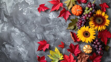 Poster - Autumn themed artistic arrangement with red leaves sunflower wild grape and pumpkins on a gray background Representing fall and Thanksgiving shot from above with empty space