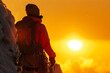 © song - Triumphant Hiker Standing on Mountain Summit at Sunrise, Gazing into the Horizon