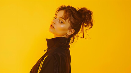 Wall Mural - Fashion girl in sportswear on yellow background : Generative AI