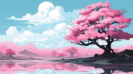 A beautiful landscape with a cherry blossom tree in the foreground and a lake in the background