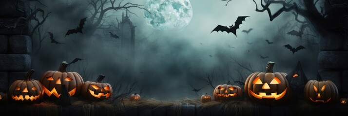 Halloween banner. Pumpkins in a scary forest with graves, a full moon and bats . 