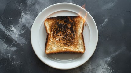 Canvas Print - Charred slice of bread on white plate with copy space Failed kitchen mishap symbolizing low self esteem