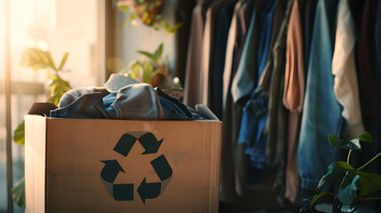 Cardboard box with used wardrobe for reuse and card with circular economy logo Reusing recycling materials reducing waste in fashion second hand apparel idea Circular fashion zero wast : Generative AI