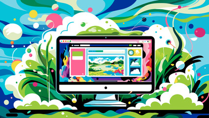 Wall Mural - Vibrant Digital Artwork Display on Computer Screen Amidst Abstract Nature Elements