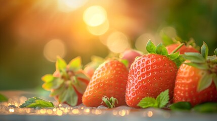 Wall Mural - Close up of strawberries on table, with bokeh background, golden hour light, sun rays copy space.