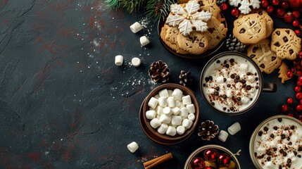 Sticker - Christmas themed flat lay with hot cocoa marshmallows cookies and space for text viewed from above