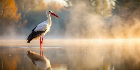 White stork bird standing in water on foggy morning, white stork, bird, water, foggy, morning, wildlife, nature, peaceful, tranquil, reflection, feathers, wetland, wildlife photography