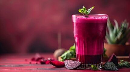 Wall Mural - **Vibrant beetroot juice poured into a tall glass, standing out against a minimalist, solid-colored backdrop.