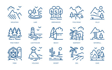 Natural Views Vector Icons Set. Mountains, Lakes, Forests, Beaches, Waterfalls, Volcanoes, and More. Editable Linear Collection.