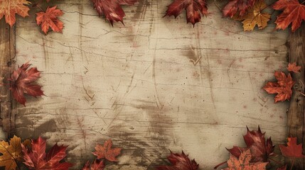 Sticker - Vintage wooden background with maple leaves border autumn theme