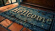 © Bettina - Macro view of a welcome mat on the doorway of a house with the text 'Hellcome', stained with blood. Halloween welcome mat