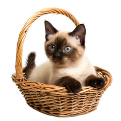 Wall Mural - Cute Siamese cat lying in a basket isolated on white or transparent background, png clipart, design element. Easy to place on any other background.