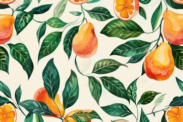 Wall Mural - Watercolor fruit pattern, tropical mangoes, vibrant yellow and orange, fresh green leaves, intricate design