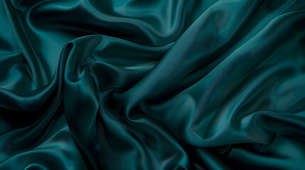 Poster - Dark teal green silk satin Shiny smooth fabric Soft folds Luxury background with space for design web banner Flat lay top view table Birthday Christmas Valentine New year : Generative AI