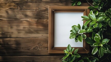 Wall Mural - Brown picture frame and green plant on wooden textured background ideal for home decor and text space