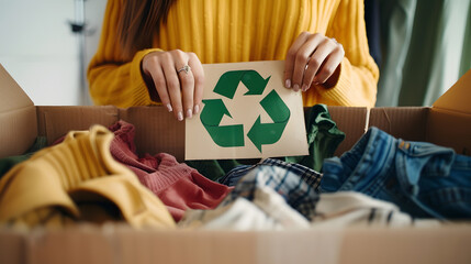 Woman packing box with used wardrobe and card with circular economy logo Reusing recycling materials and reducing waste in fashion second hand apparel idea Circular fashion zero waste  : Generative AI