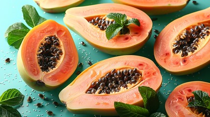 Wall Mural - **Vibrant papaya slices sprinkle isolated on a solid teal background