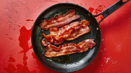 Cooking bacon in a black pan on a red surface