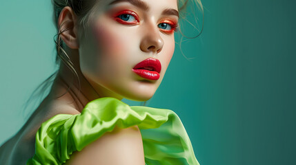 Poster - Portrait of a beautiful young woman with bright makeup and in a bright green dress Advertising of fashionable clothes decorative cosmetics advertising concept Fashionable dress : Generative AI