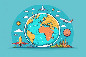 Colorful cartoon illustration of Earth with airplanes, landmarks, and clouds highlighting global travel and exploration.