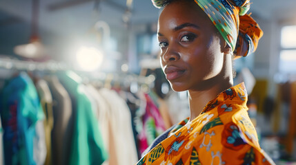 Poster - Fashion designer and african or black woman in portrait for small business startup creative career or textile industry in a workshop studio Fabric manufacturing and retail clothes of p : Generative AI