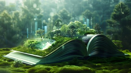 Wall Mural - Modern book with a futuristic design and green environment, incorporating AI tutors for personalized education