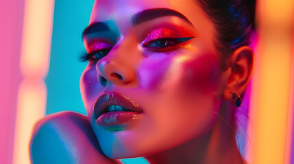 Wall Mural - High Fashion model woman in colorful bright lights posing portrait of beautiful  girl with trendy makeup Art design colorful make up Over colourful vivid background : Generative AI