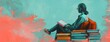 © Summit Art Creations - A girl sitting on a stack of books, reading a book She is wearing a green dress and has long brown hair The background is a blue-green gradient. AIGZ01