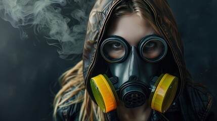 Wall Mural - Woman style in a respirator gas mask curses the hood Background wallpaper AI generated image