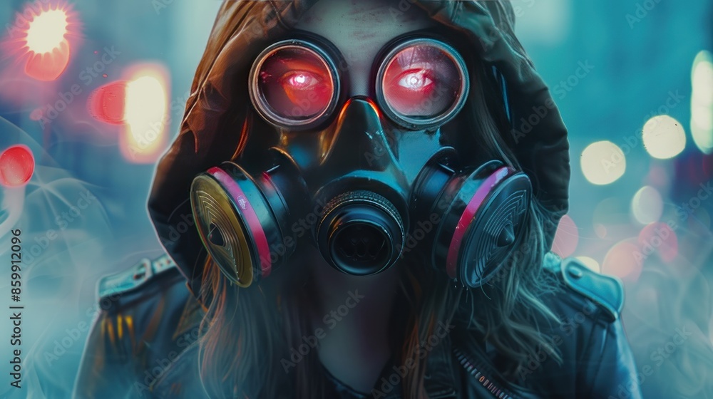 Woman style in a respirator gas mask curses the hood Background ...