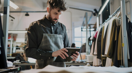 Fototapete - Fashion designer tailor and textile workshop employee browsing and looking at a design on a tablet in a trendy and stylish small business Checking an online clothing order on his compa : Generative AI
