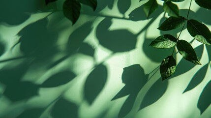 Abstract silhouette of the shadow from the natural leaves of a tree branch on a green concrete wall. Atmospheric video of a sunny summer day.