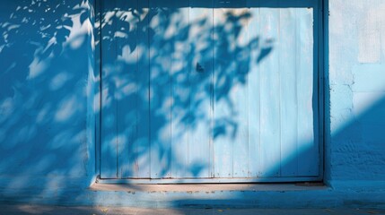 Abstract silhouette of the shadow from the natural leaves of a tree branch on a blue concrete wall. Atmospheric video of a sunny summer day.