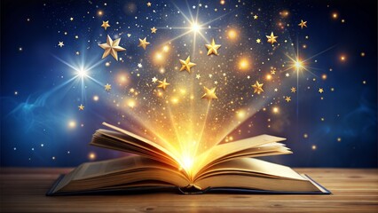Wall Mural - book with open pages,stars and shining magical lights on the background of a magical book with magic concept.3d rendering