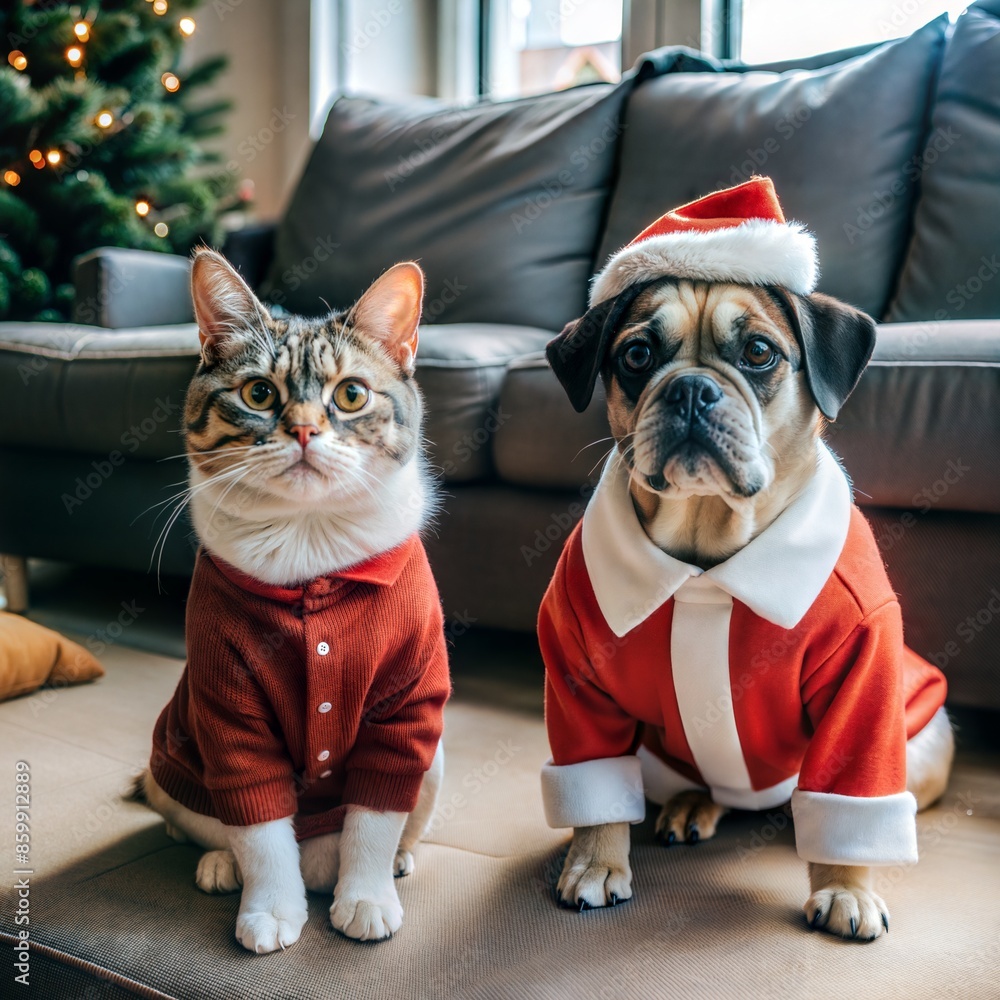 cute cat in santa claus costume sitting near christmas tree and ...