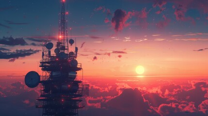 A futuristic communication tower with multiple satellite dishes and antennas, set against a twilight sky, illustration background