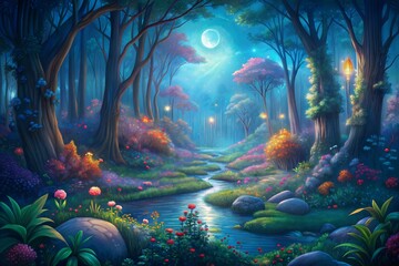 Wall Mural - forest and magic lights.3d rendering