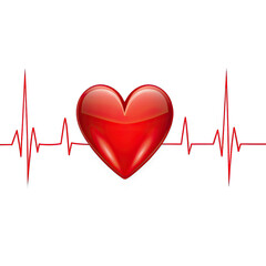 Wall Mural - a red heart graphic with a red heartbeat line representing a healthy pulse, isolated on a white back