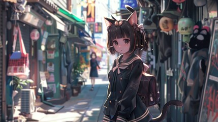 Cute girl anime style school character model stealth wolf ears Background wallpaper AI generated image
