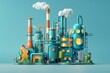 © Samon - Whimsical illustration of a futuristic factory in pastel colors with detailed machinery and smoke stacks on a blue background.