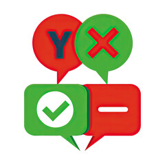 Wall Mural - A graphic image featuring four speech bubbles, two green and two red, with symbols representing yes, no, agree, and disagree. Generative AI