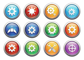 Wall Mural - a collection of twelve colorful circular icons featuring settings symbols, isolated on a white backg
