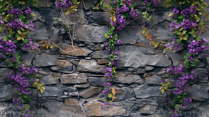 purple and green flower plant woodbine in stone wall for home decor or interior design backdrop
