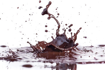 Dynamic chocolate splash captured in mid-air, isolated on a white background, illustrating movement and texture.