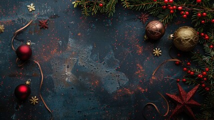 background with space christmas decorations on dark grunge background