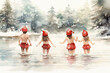 © DigitalArt - Four children in Santa hats play in a snowy winter landscape, splashing in water. Festive holiday scene full of joy and seasonal cheer.