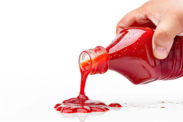 Wall Mural - Vivid image of bright red paint spilling from a bottle, isolated on a white background, depicting motion and color intensity