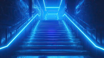 Wall Mural - Blue neon lights, stairs, and spotlights make up this abstract scene