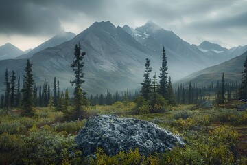 Canvas Print - Misty Mountain Landscape with a Single Boulder in the Foreground